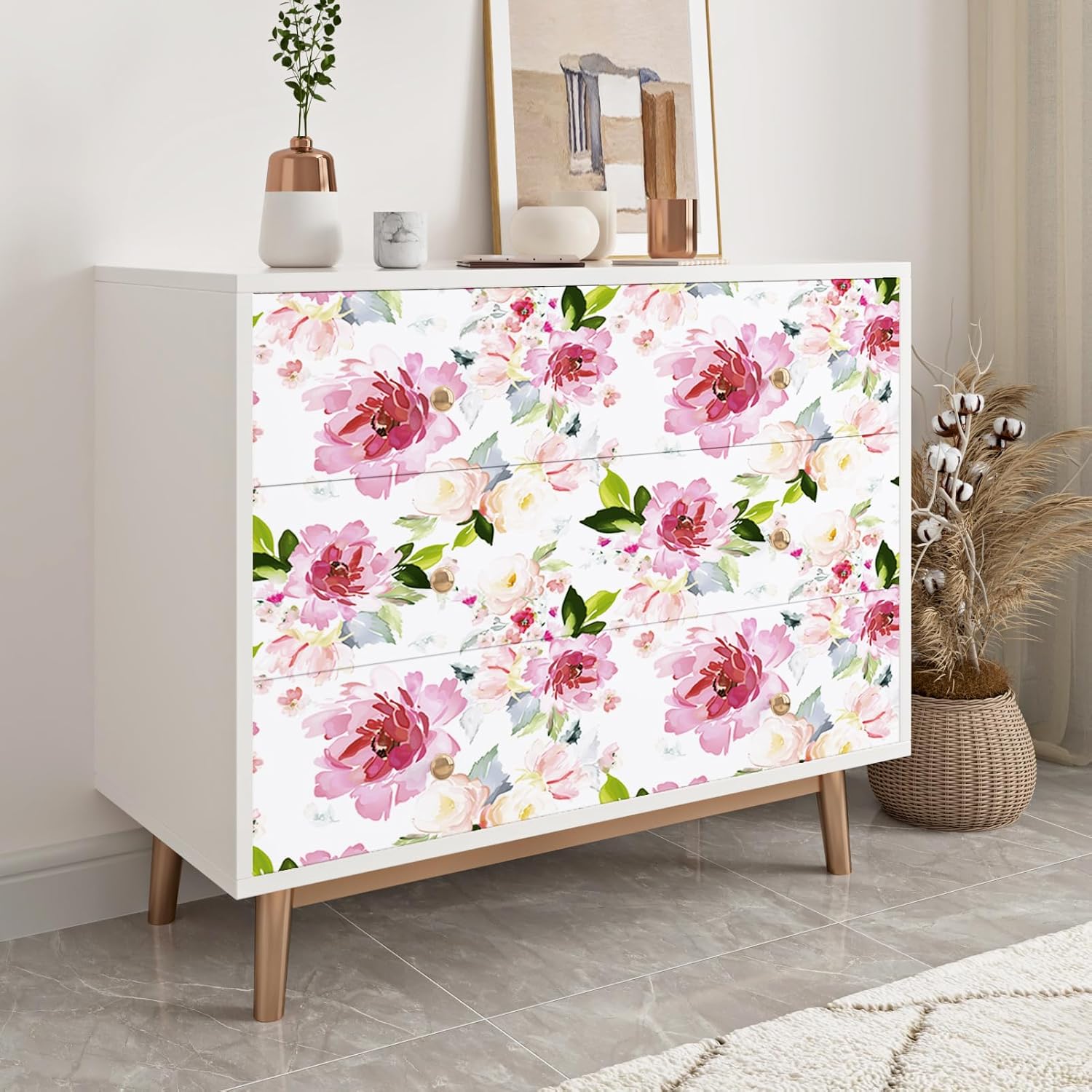 17.5"x102" Watercolor Pink Floral Peel and Stick Wallpaper Peony Wallpaper Prepasted Self Adhesive Mural Removable Wall Paper Floral Contact Paper for Walls Cabinets Shelf Furniture
