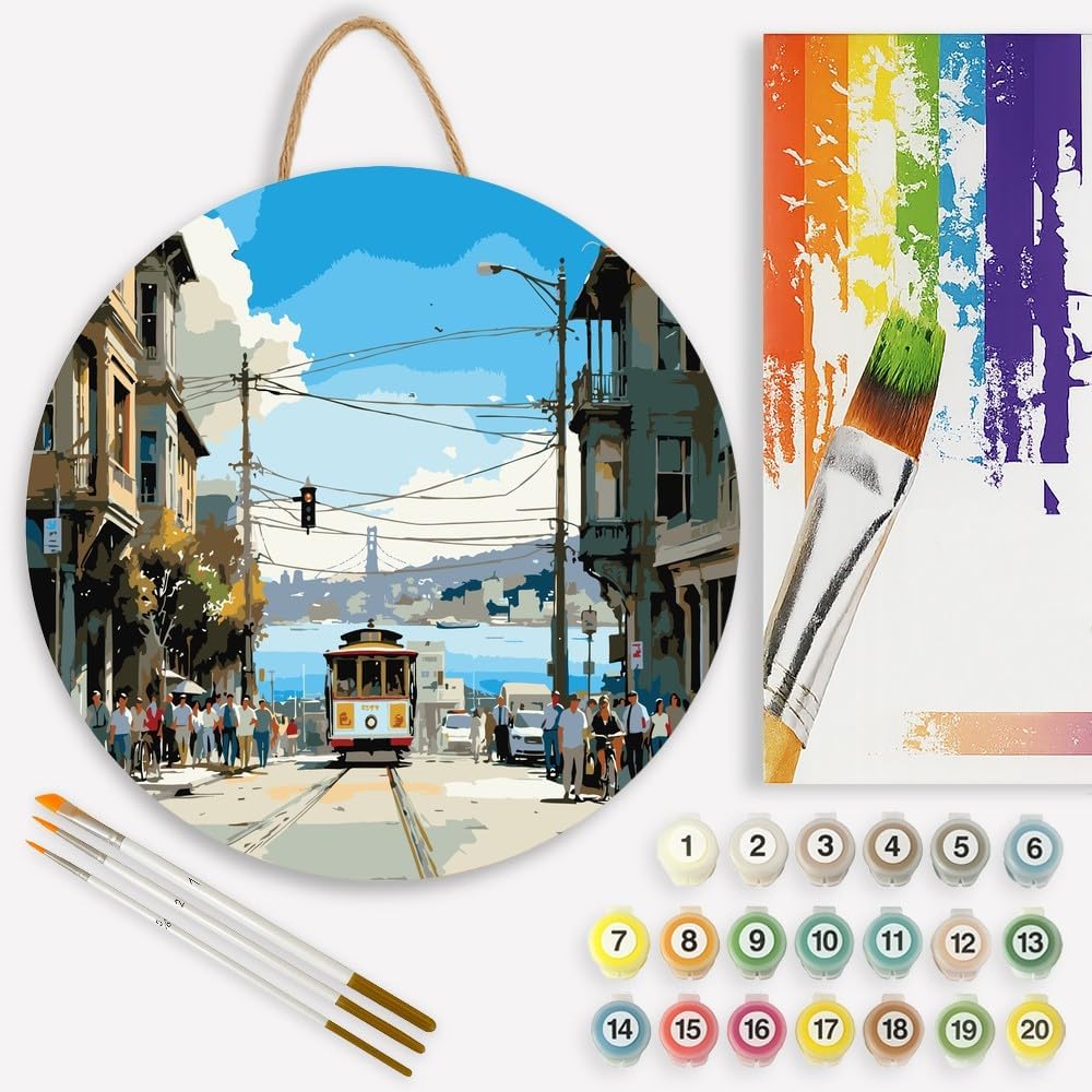 San Francisco Paint by Numbers Kit for Adults on Wood Board – DIY City Cable Car and Bay Bridge Wood Craft Painting Kit, 12 in Round, Acrylic Paint Set, Beginner-Friendly, Relaxing Home Decor Gift
