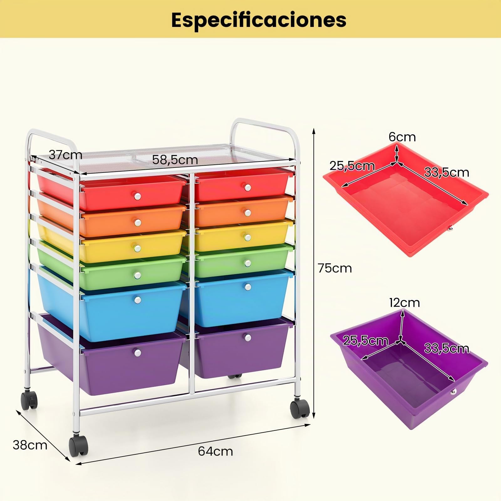 COSTWAY Carrito Auxiliar con Ruedas, Mueble Auxiliar Cocina con 12 Cajones Apilables, Carrito Organizador de Estructura Metálica, Carro Servicio para Cocina Oficina, Baño (Color Claro)