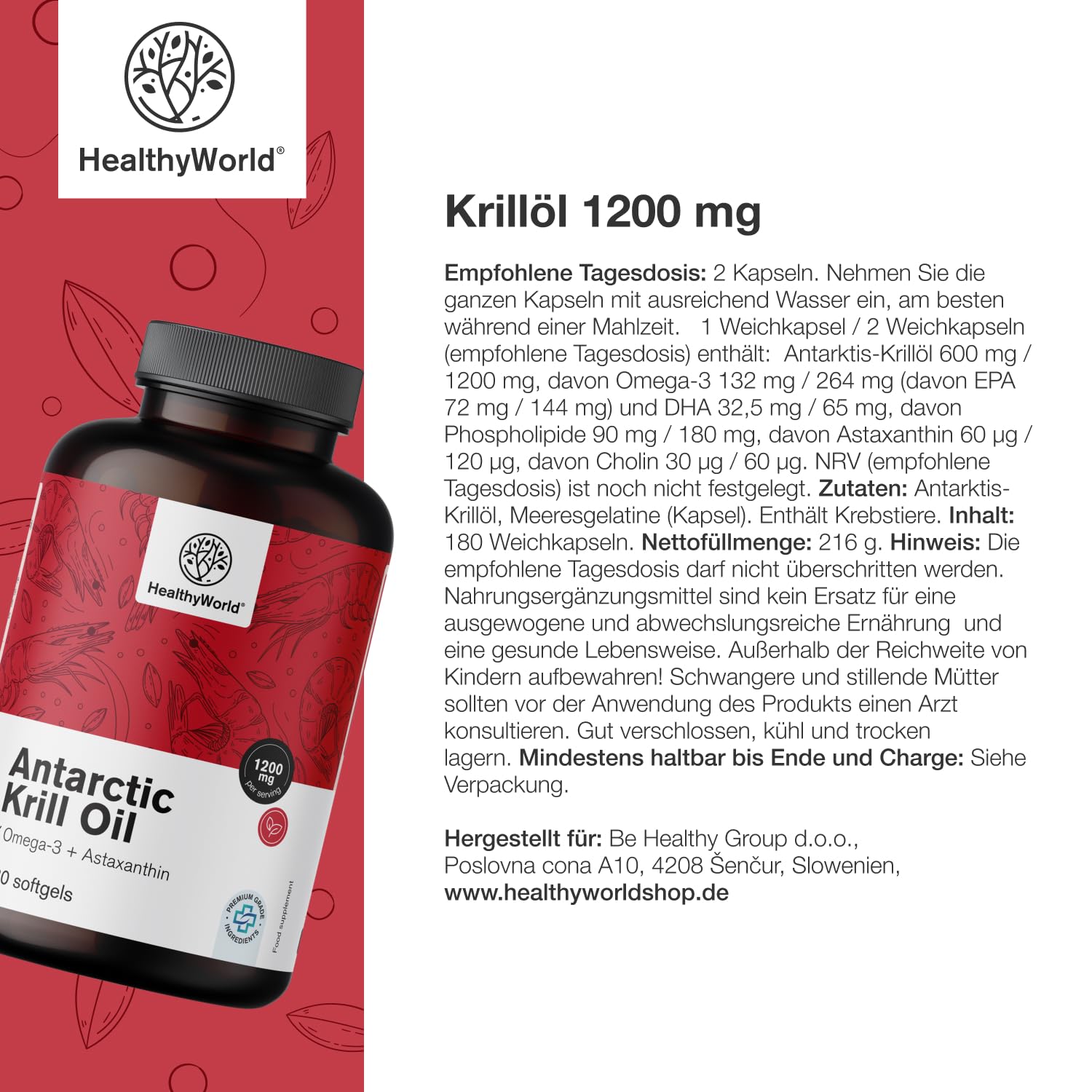 HealthyWorld Olio di Krill 1200 mg - 180 Capsule Molli - Omega-3 + astaxantina - Senza glutine, lattosio e aromi artificiali - Fornitura per 3 mesi - Funzioni cardiovascolari