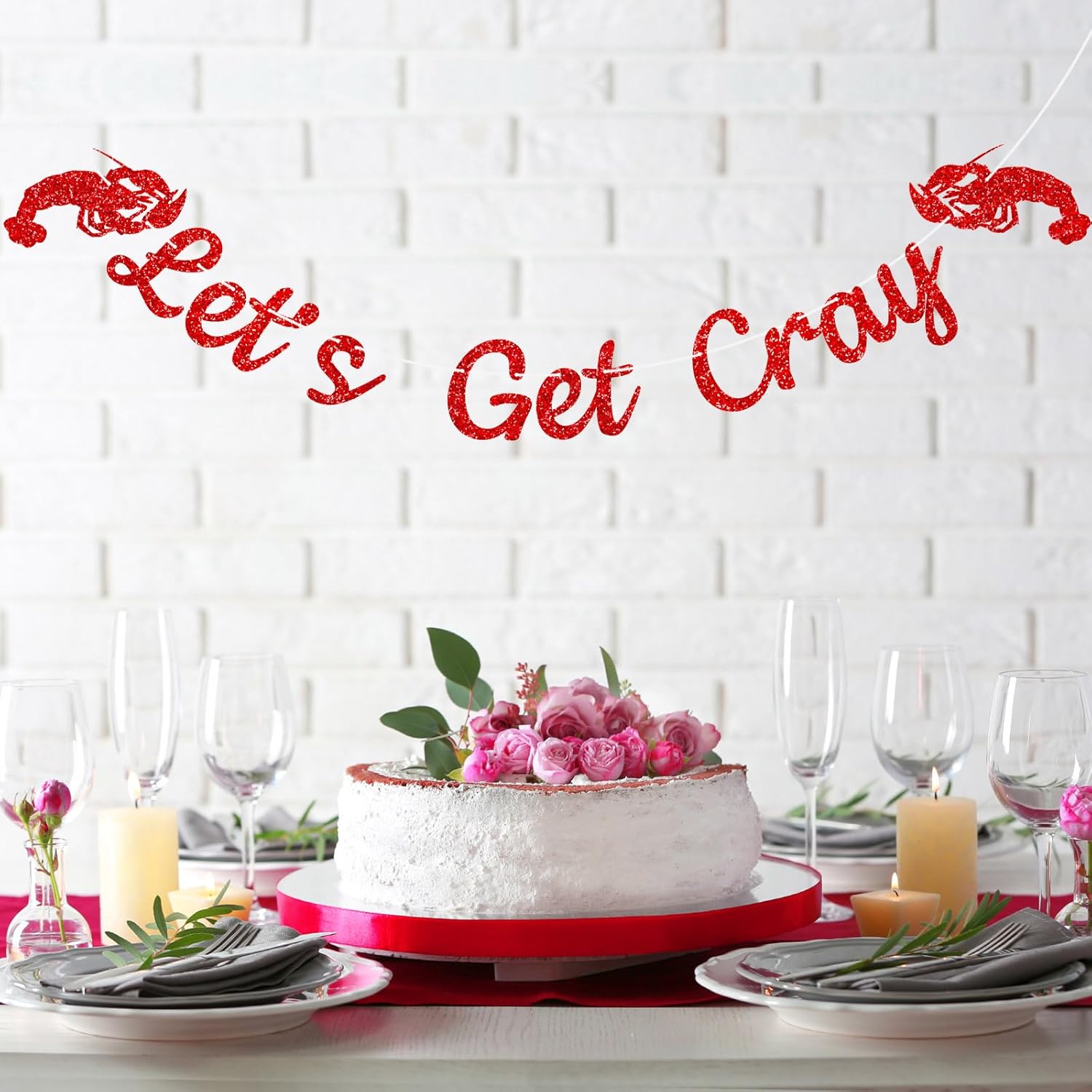 Let Get Cray Party Banners Party Banners Summer Crawfish Birthday Decor, Lobster Boil Red Glitter Banners for Boy Girls Theme Party Supplies