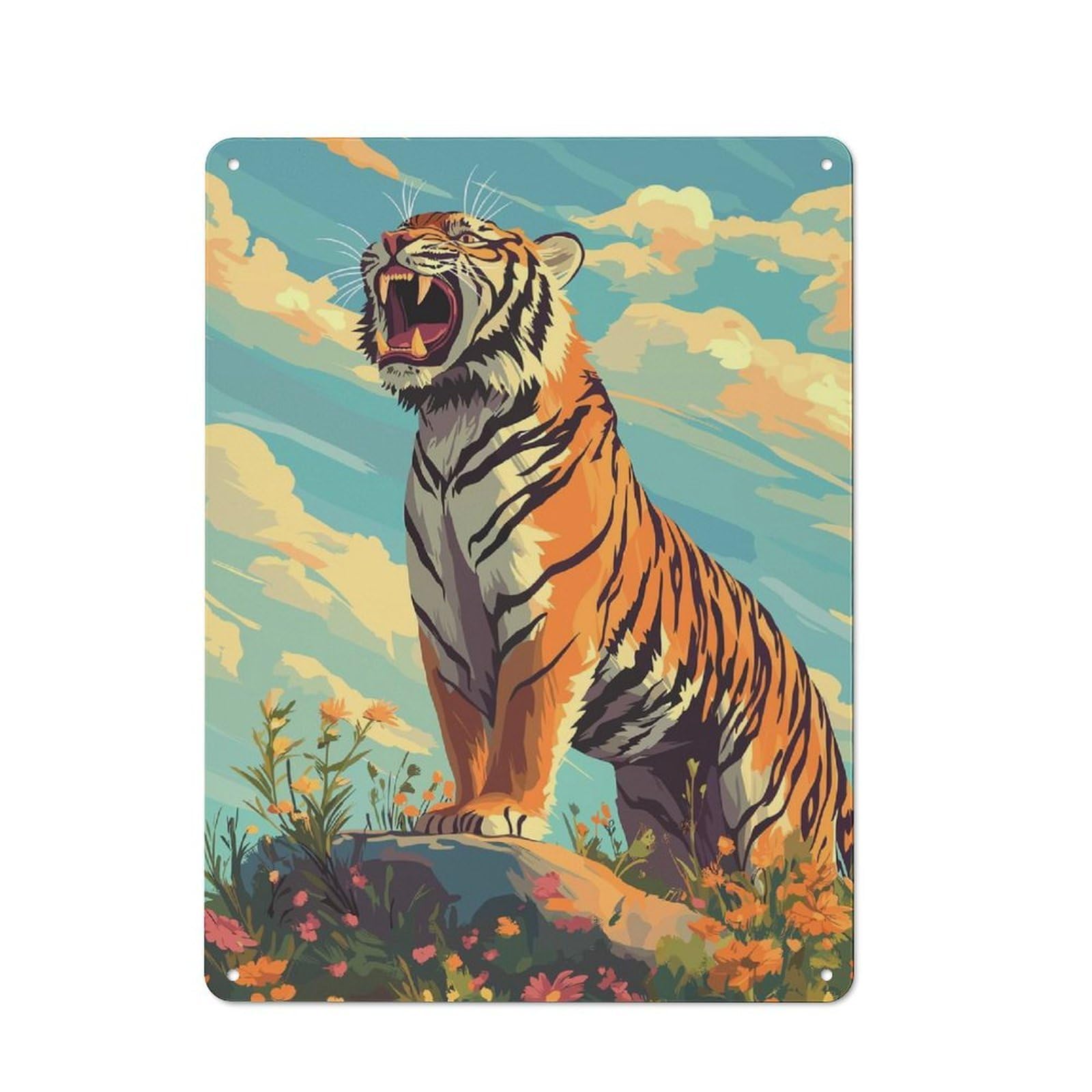 Warehouse Style Roaring Tiger in Floral Landscape Decorative Metal Plaque 40x30cm, Industrial Wall Decor for Loft, Studio, Office Or Creative Room