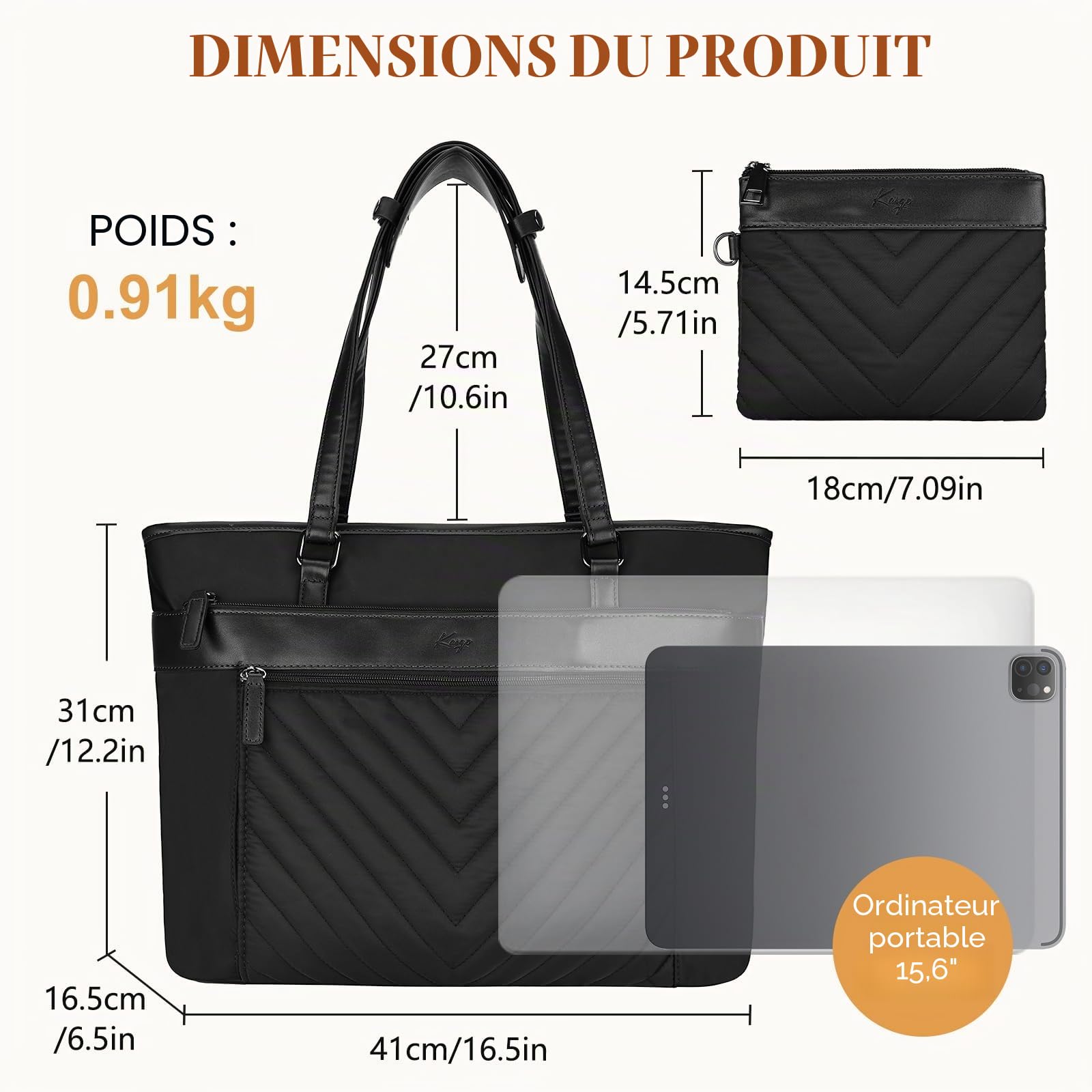 Cabas Femme, Grand 21L Sac Ordinateur Femme 15,6 Pouces Sac a Main Fourre Tout Résistant à l'Eau Élégant Poches Multiples pour Travail Affaires Cours Lycée Voyage