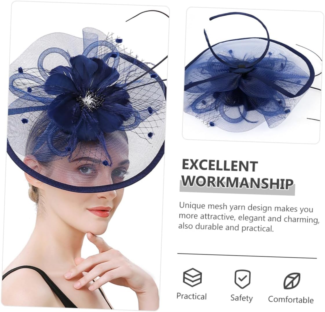 Hemobllo Navy Blue Mesh Yarn Decorative Hat with Plume Headband and Clip, 1920s Style Cocktail Hair Accessory for Women, Wedding and Tea Party Special Occasion
