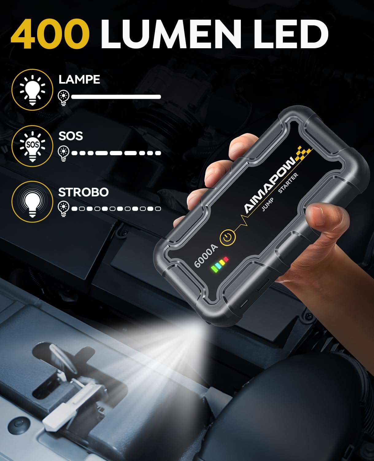 AIMAPOW Booster Batterie Voiture 6000A, Démarreur de Voiture 12V (Jusqu’à Tout Gas ou 10.0L Diesel), Booster de Batterie, Jump Starter Portable avec Pinces de Sûreté Intelligentes, Lampe LED (A20)
