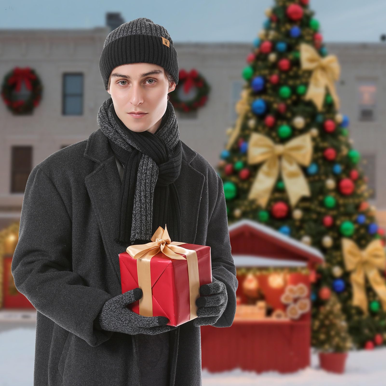 Mütze Schal und Touchscreen Handschuhe Set Wintermütze Thermohandschuhe Schal für Herren Strickmütze 3 STÜCKE Unisex Hüte für Damen Winter Accessoires für Herren Damen