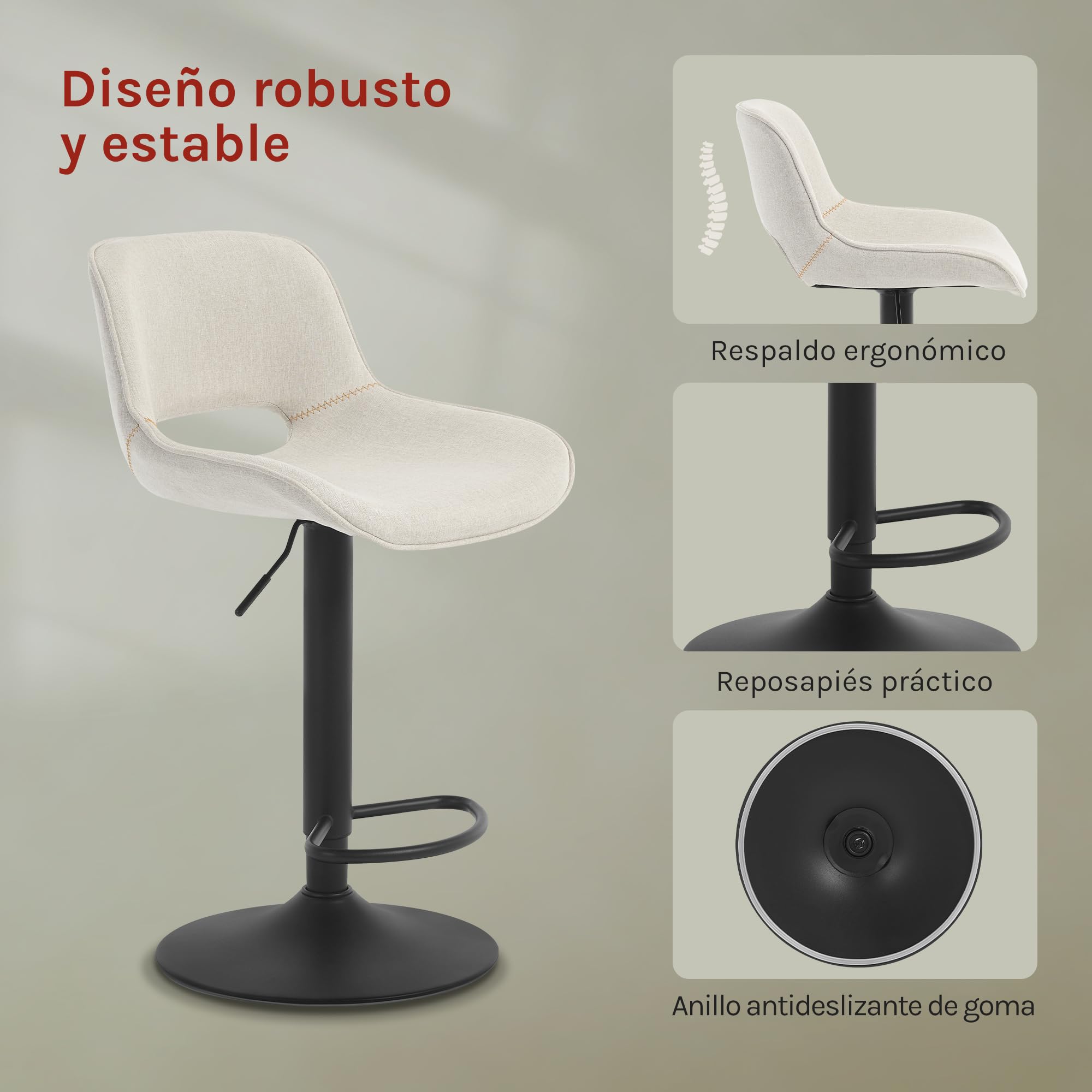 WOLTU 2X Taburetes de Bar, con Reposapies Tela, Beige | para Comedor, Salón y Cafetería
