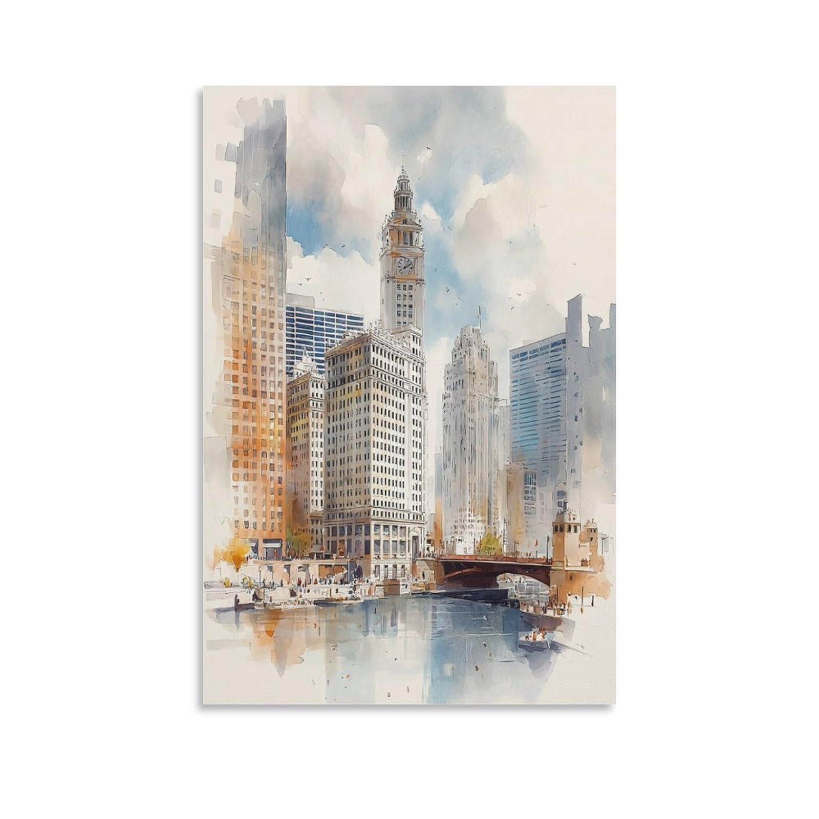 XWYMXZ Chicago Watercolor Art Print Vibrant Travel Posters 24x36inch(60x90cm) Vintage Watercolor Canvas Art