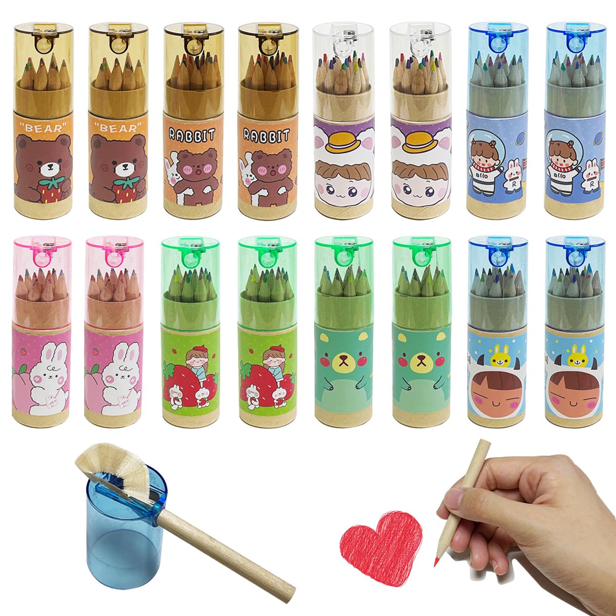 XingyLi 16 Pack Mini Cartoon Coloured Pencils in 12 Colours, Portable Colouring Pencils with Sharpener, Pre-Sharpened