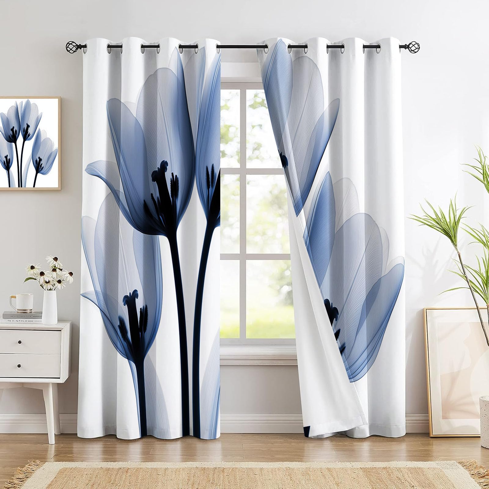 Rideaux Occultant Fleurs Élégantes, Rideau Occultant Tulipe Rideau Thermiques Isolants Anti Froid et Chaleur Bleu Gris Rideaux À Oeillets pour Chambre Cuisine Lot de 2, 117L X 137H cm