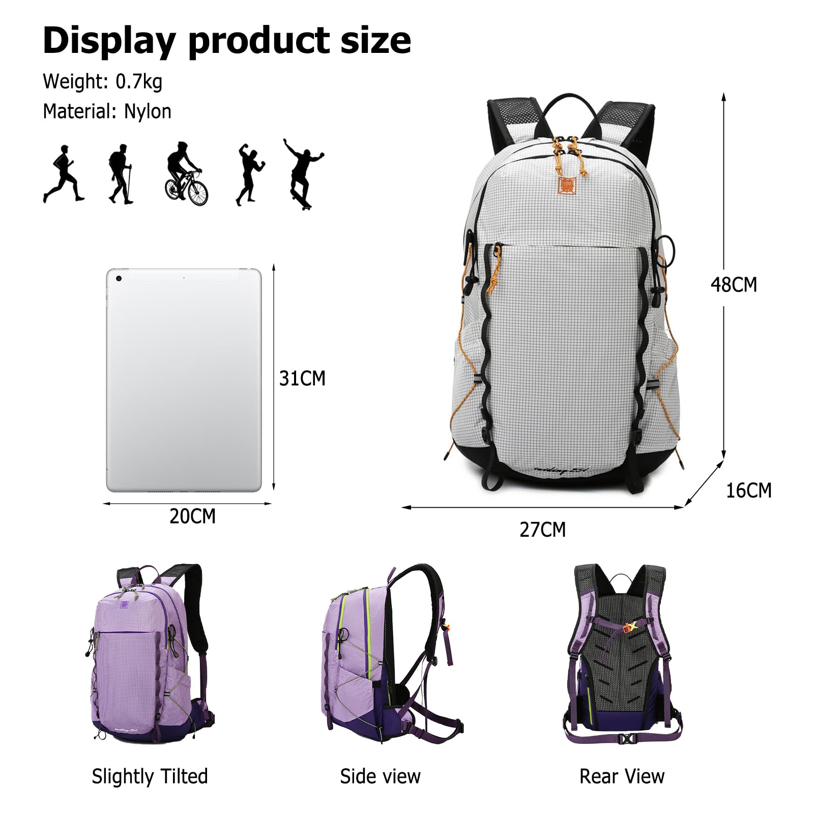 Zaino da trekking da 20 l, impermeabile, leggero, in nylon, per donne, uomini, trekking, ciclismo, arrampicata, sport all'aria aperta