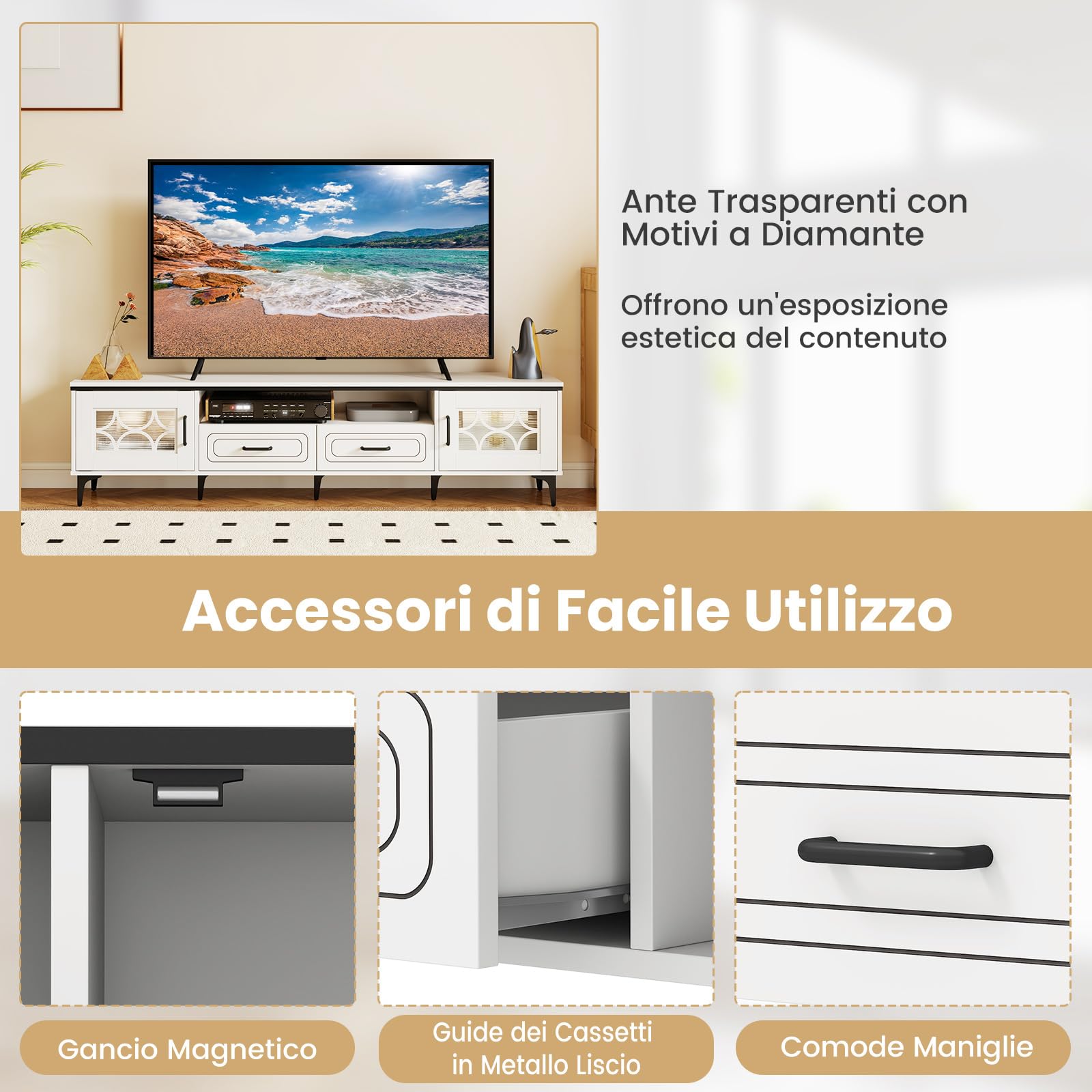 COSTWAY Mobile TV in Legno per Televisori Fino a 80", Mobile Porta TV 180 cm con 2 Cassetti, 2 Armadi e Scomparto, 7 Gambe Metalliche Rialzate, Consolle Media per Soggiorno (Bianco)
