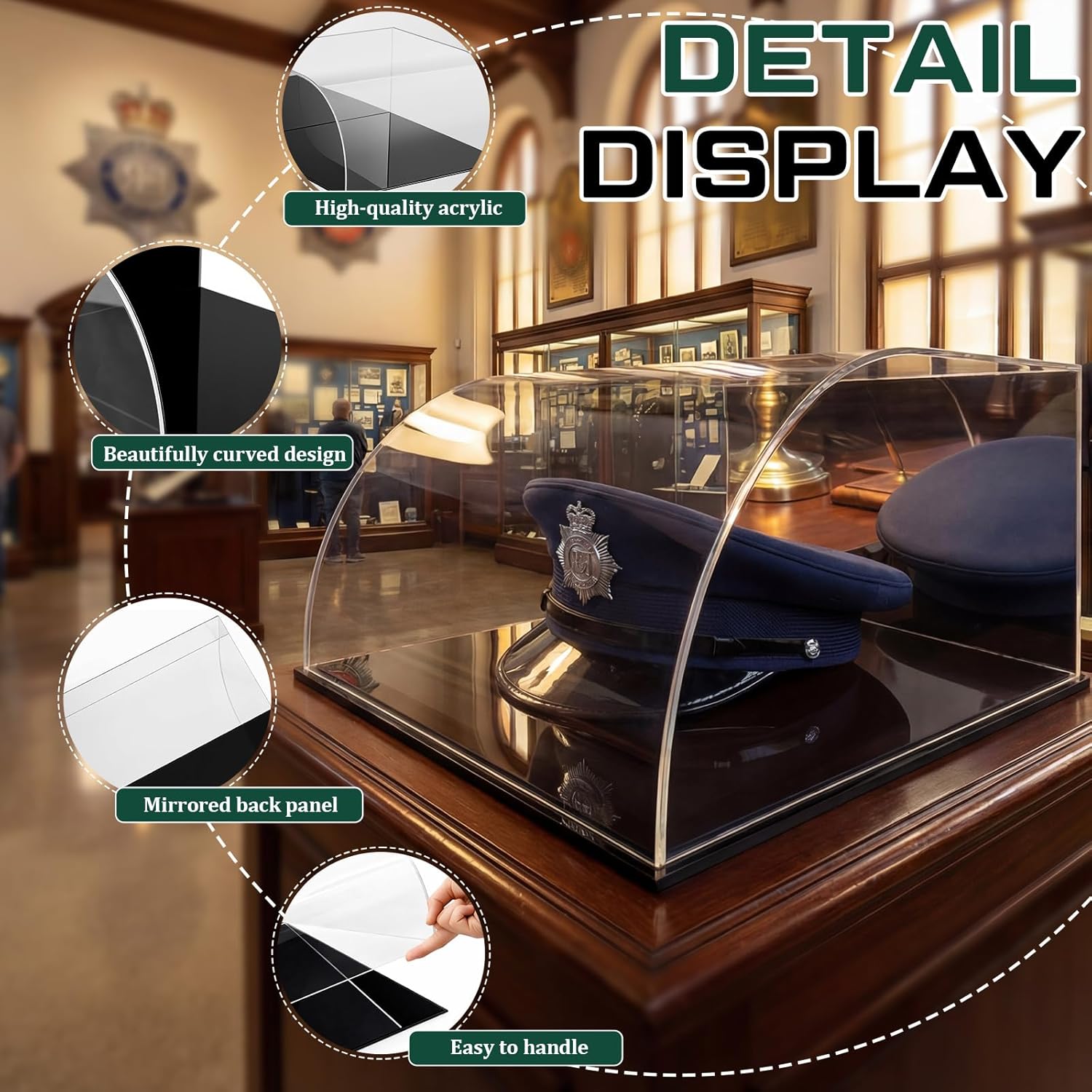 Military Police Hat Display Case Clear Acrylic Police Hat Display Box with Mirror Back Black Base Showcase for Navy Army Air Force Marines Chauffeurs Service Caps Collector, 12 x 12 x 6 Inch