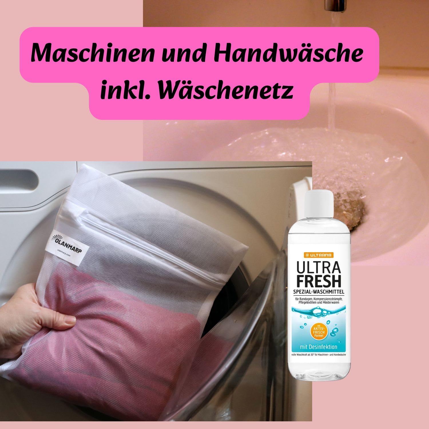 Ultrana Ultra Fresh Desinfektionswaschmittel 500 ml + Olanmarp Wäschenetz | Hygiene Waschmittel Konzentrat fuer Inkontinenzwaesche und Pflegetextilien – Made in Germany, biologisch abbaubar
