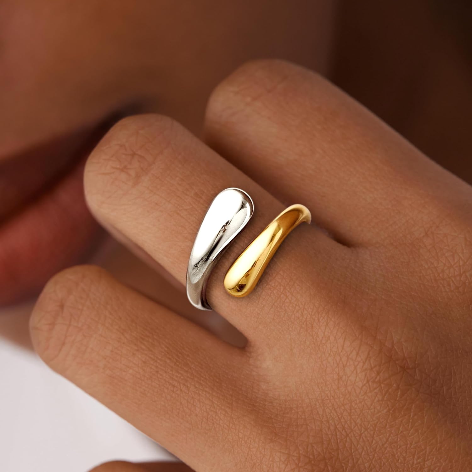 Non Tarnish Gold Chunky Rings for Women, 14K Gold Plated Statement Dome Rings Stacking Silver, Adjustable Mens Eternity Wedding Band Mixed Metal Jewelry Size 3-13 - Image 2