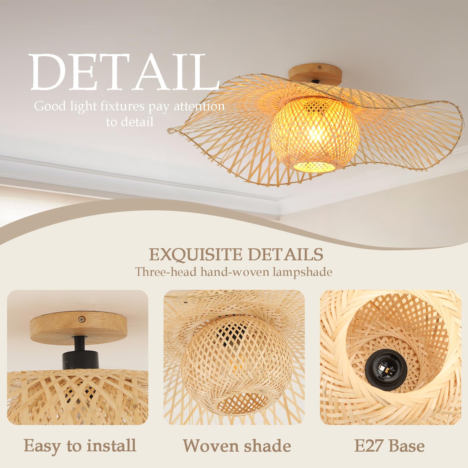 Lampadario Camera Da Letto In Bamboo e legno,65Cm Boho Lampadario Soggiorno Tessuto A Mano E27 Lampadari Cucina Per Salotto Sala Da Pranzo Ristorante