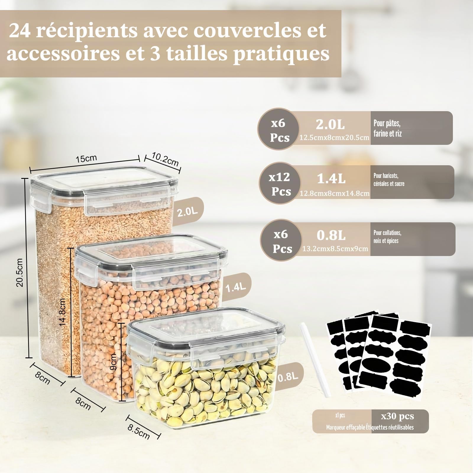 GoMaihe Lot de 24 bocaux hermétiques avec couvercles : bocaux de conservation avec étiquettes | Boîtes de rangement pour céréales, farine, corn flakes et sucre | Sans BPA | Compatible lave-vaisselle