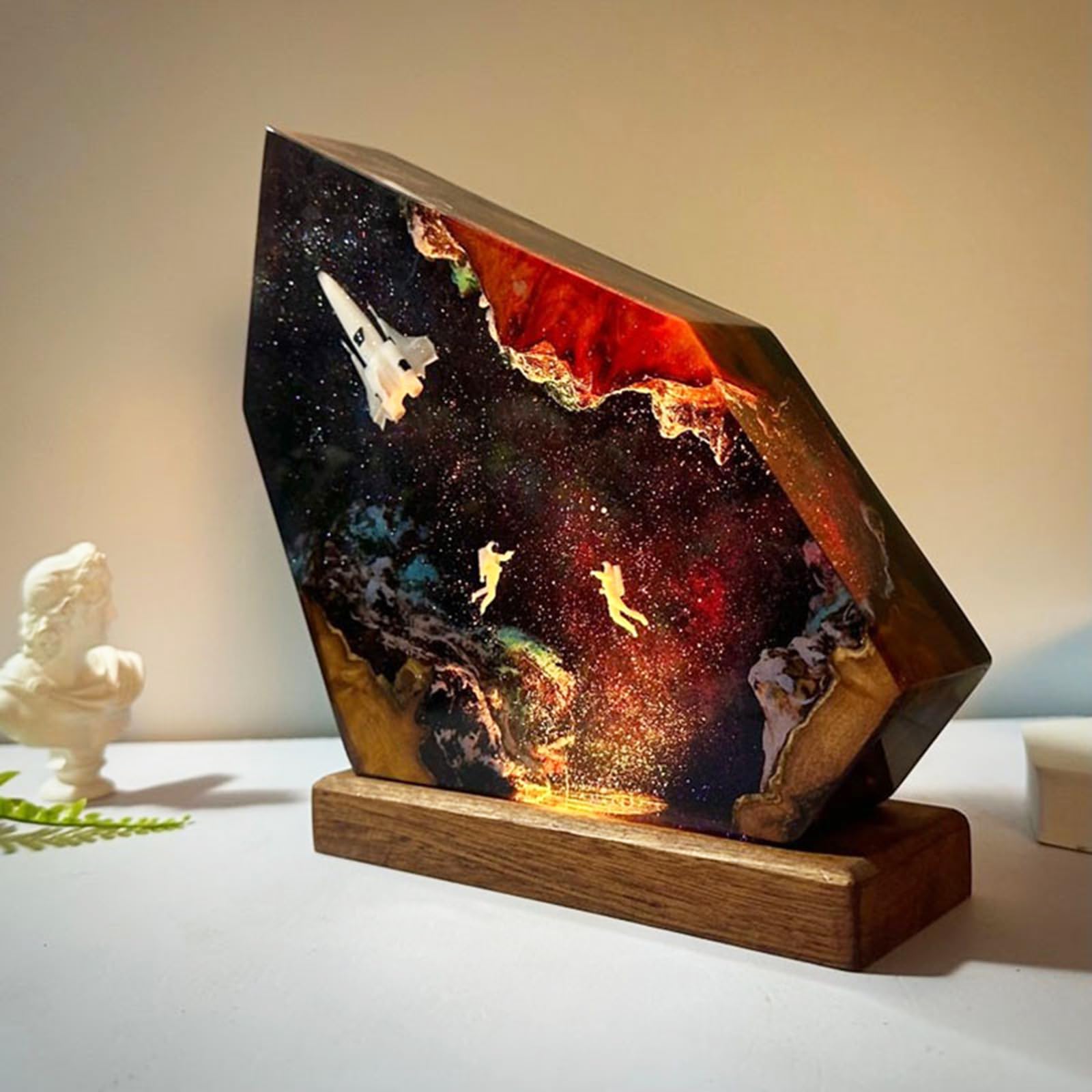 Drawelry Creative Epoxy Resin Wood Light Lamp, Space Astronaut and Interstellar Resin Multicolor USB LED Night Light Handmade Resin Wooden Lamp Christmas Birthday Gift for Friend Family (Style 1)