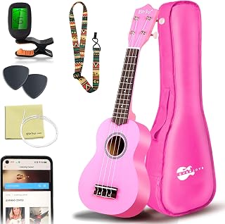 Everjoys Soprano Ukulele Beginner Kit 21 Inch w/Free Online Lesson Gig Bag Tuner Picks Strap, Fast to Learn