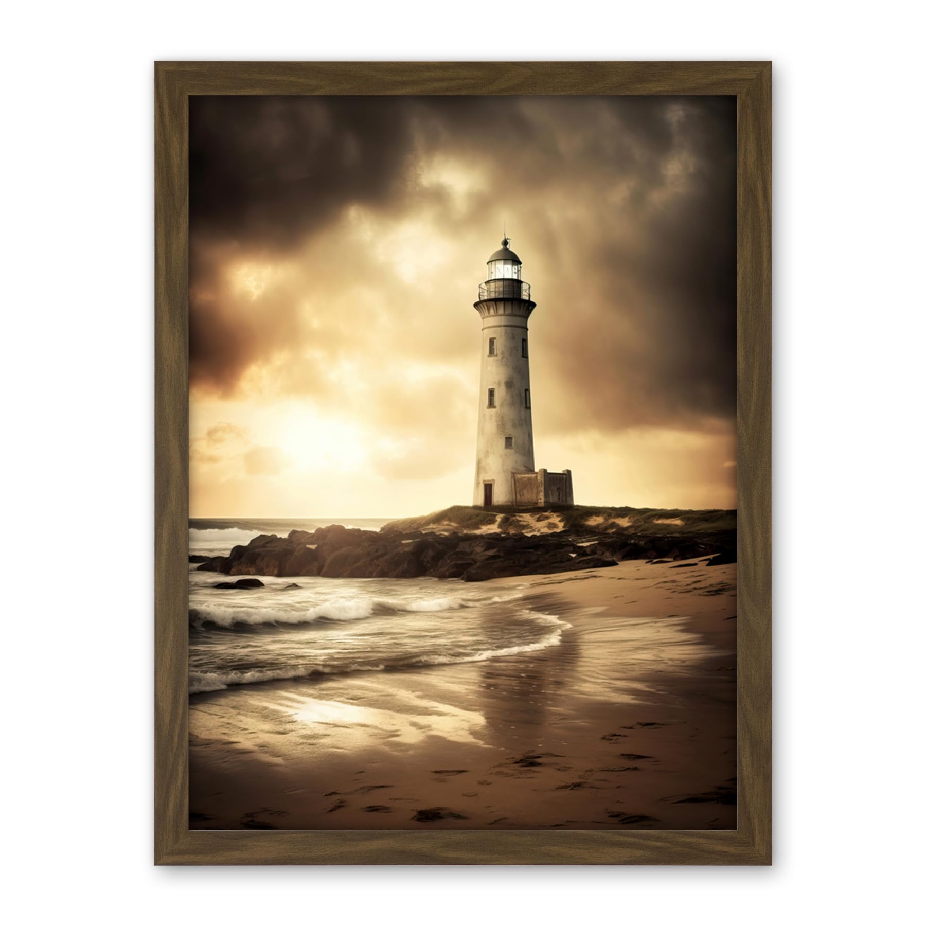 Artery8 Atmospheric Lighthouse Photo Beach Sepia Photograph Atmospheric Sunset Seascape Artwork Framed Wall Art Print 18X24 Inch