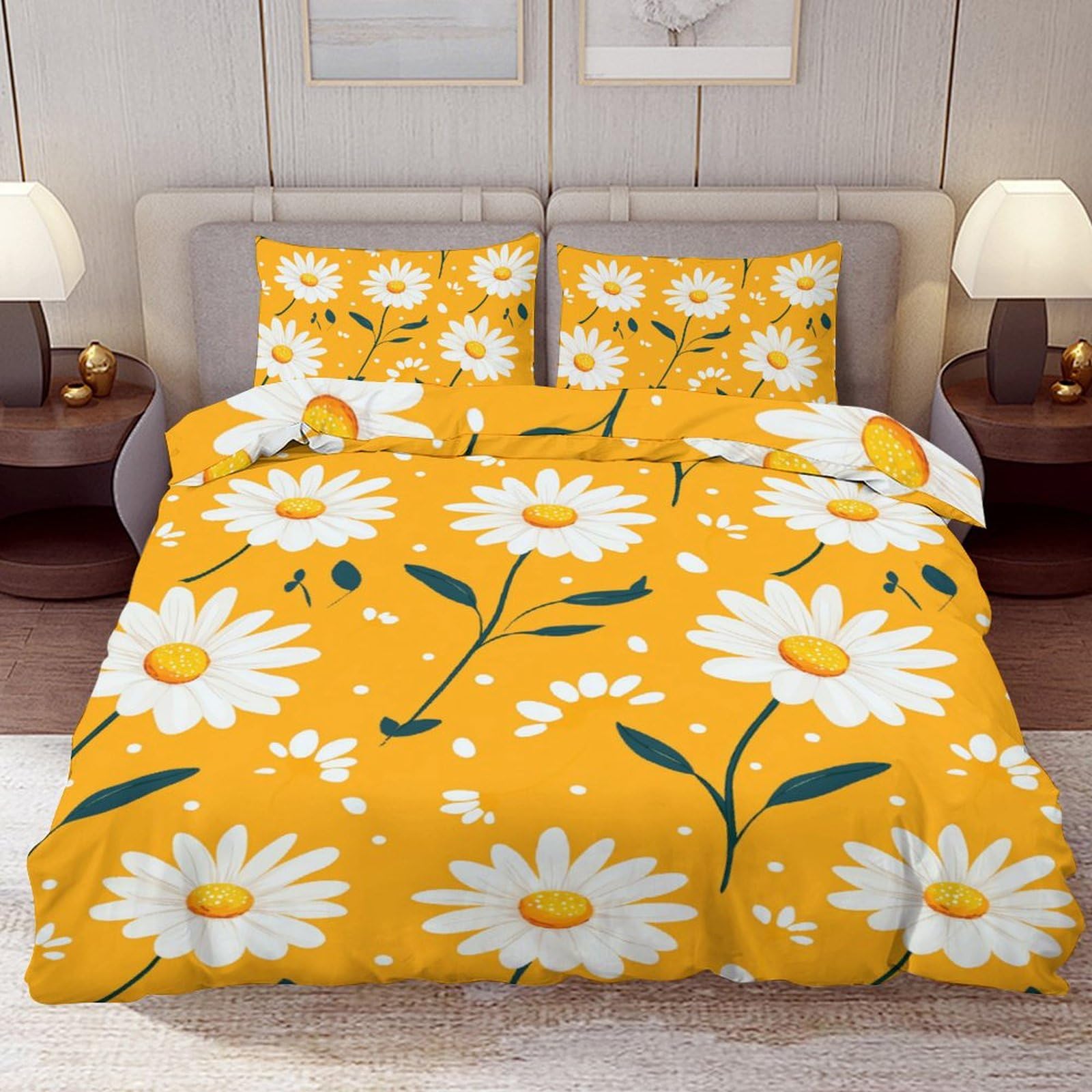 Delerain Comforter Cover Set Twin Size, Cute Daisy Yellow 3-Piece Bedding Set for Boys Girls Teens Modern Soft Microfiber Bedroom Set Room Decor, 1 Duvet Cover + 2 Pillowcases