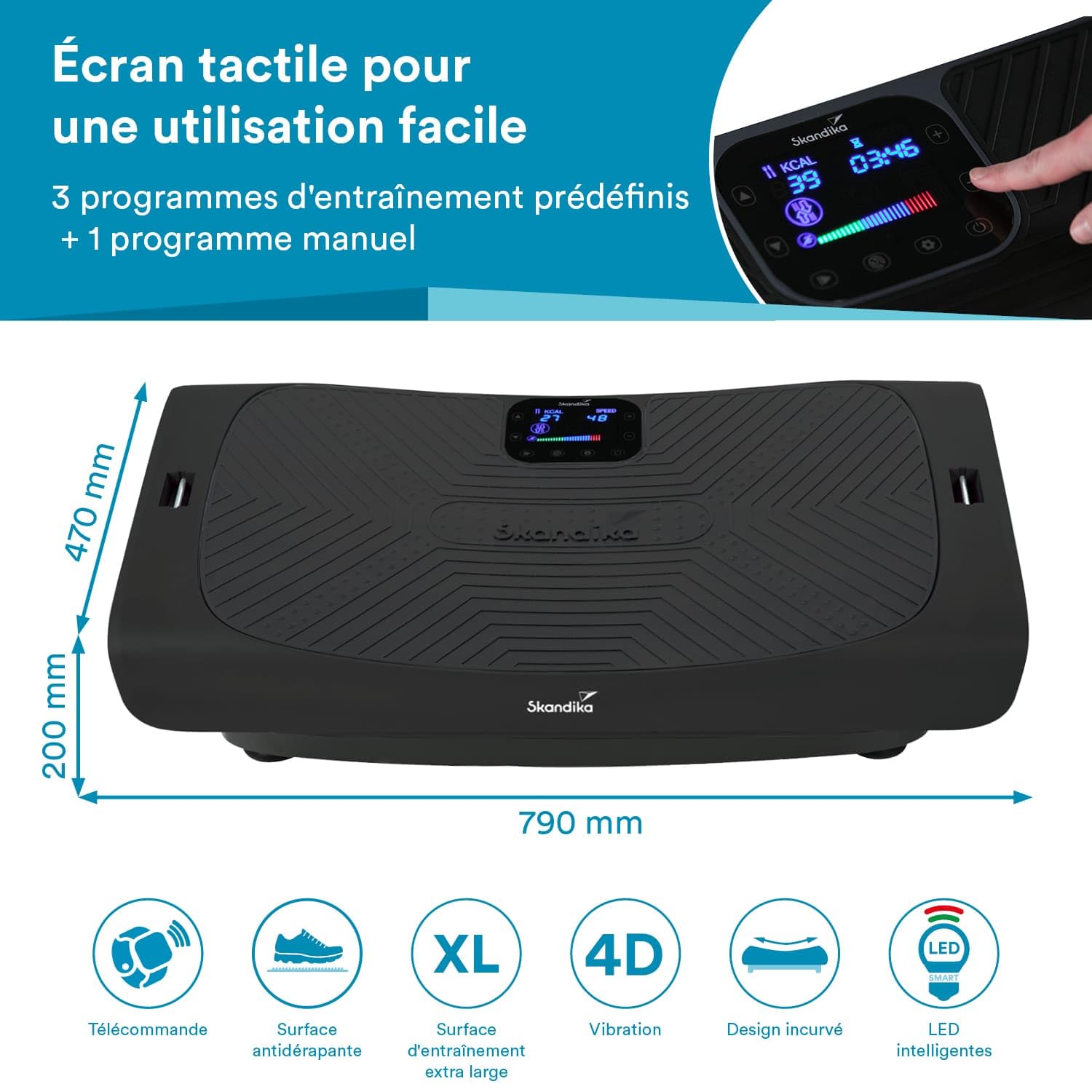 Skandika Platforma wibracyjna 4D V3000 | Zakrzywiona platforma wibracyjna, technologia Smart LED, trening wideo, głośnik Bluetooth i paski treningowe | Domowe urządzenie fitness