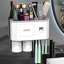 Plastic Wall Mounted Toothbrush Holder With Magnetic Cup&Automatic Toothpaste Dispenser Set,Suspension Rack With Storage Drawer,Suitable For Family Bathroom-No Drilling Studs (2 Cup),White