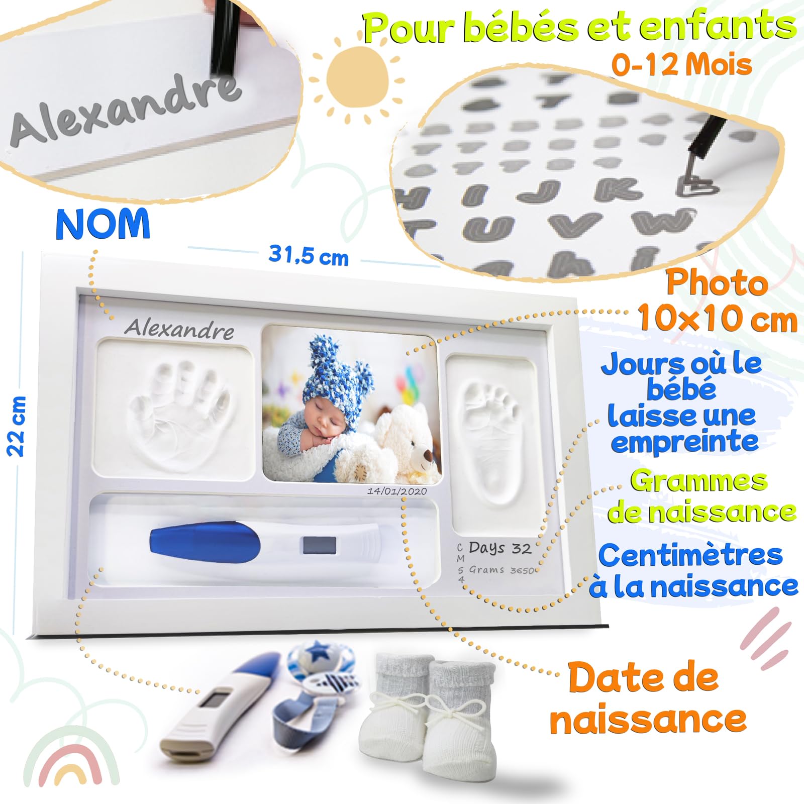 Lalfof® Cadre Empreinte Main Pied Bebe Personnalisable Avec NOM. Kit empreinte bebe. Idéal Comme Cadeau naissance garcon,Cadeau bebe naissance,Cadre empreinte bébé avec porte-bracelet de naissance
