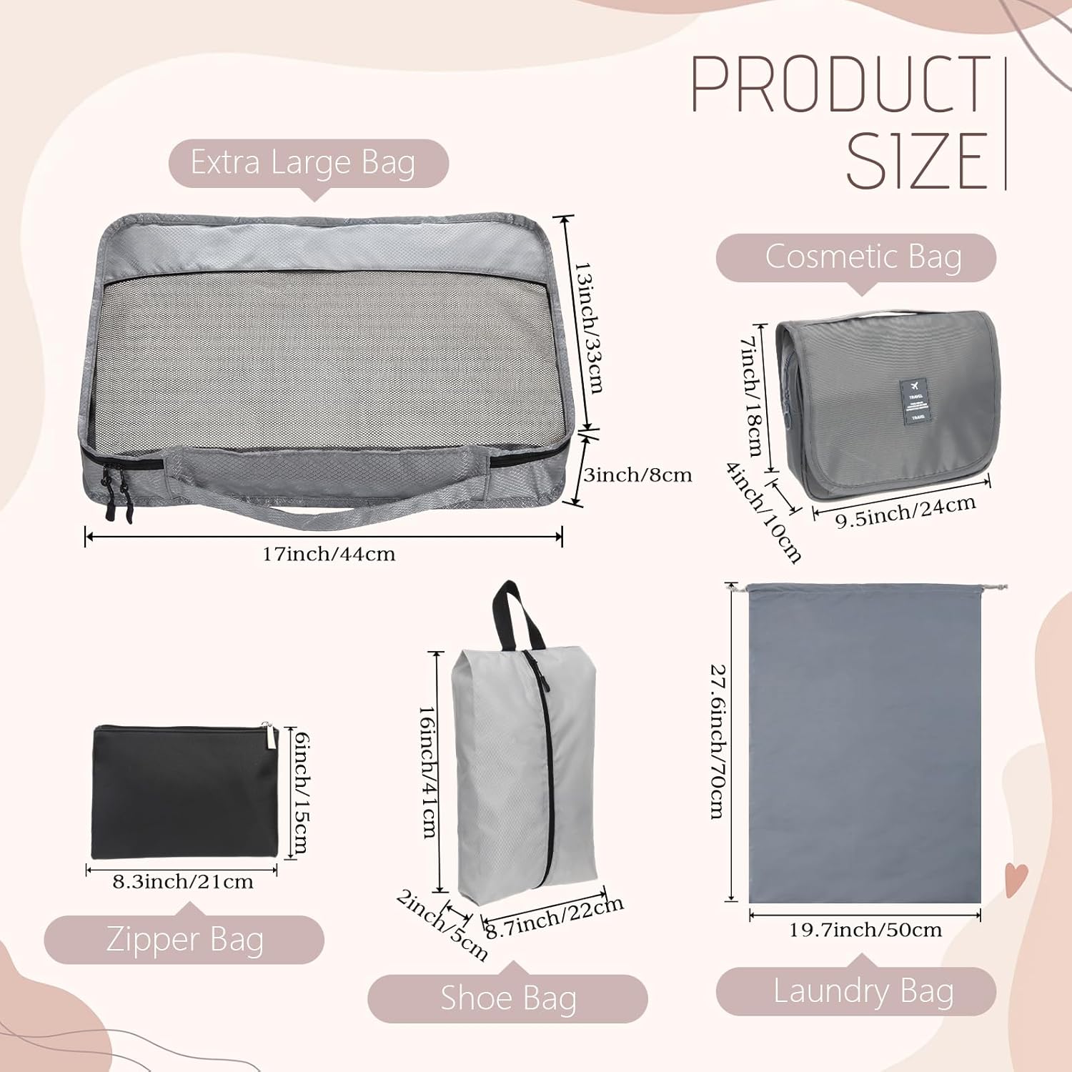 9 Pcs Packing Cubes Set for Travel with Waterproof Clothing Cubes Toiletry Shoe Laundry Jewelry Bag for Women Men(Light Gray)
