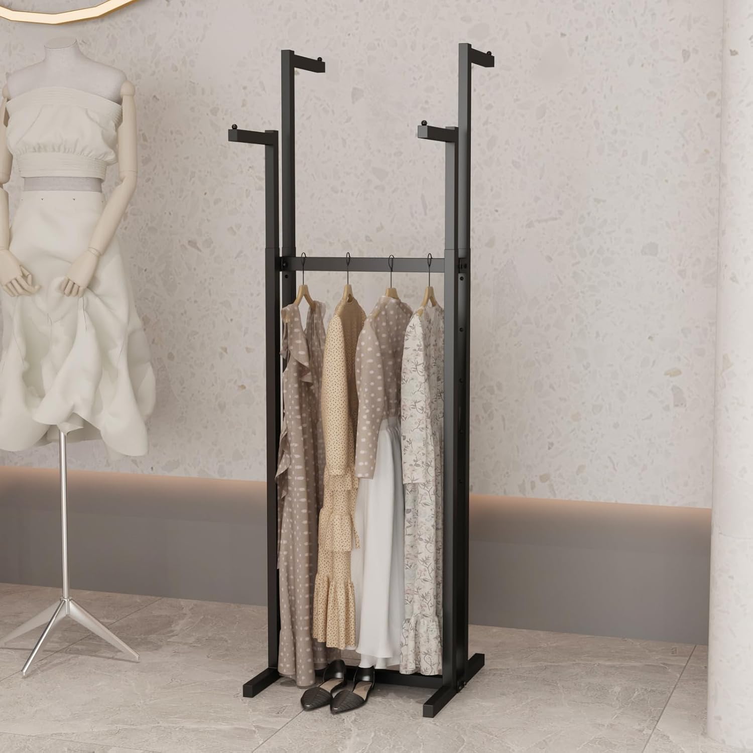 Black Clothes Racks with 4 Straight Arms, Metal Clothing Rack for Hanging Clothes, Freestanding Garment Rack Heavy Duty, 46" to 63" Adjustable Height Retail Clothing Rack for Boutiques Display - Image 7