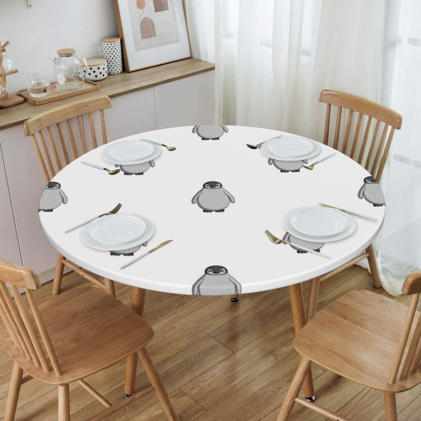 Famame Runde Tischdecke Mit Pinguin-Muster – Wasserdicht, Elastischer Rand, Größe S (für Tische 101-112 Cm)