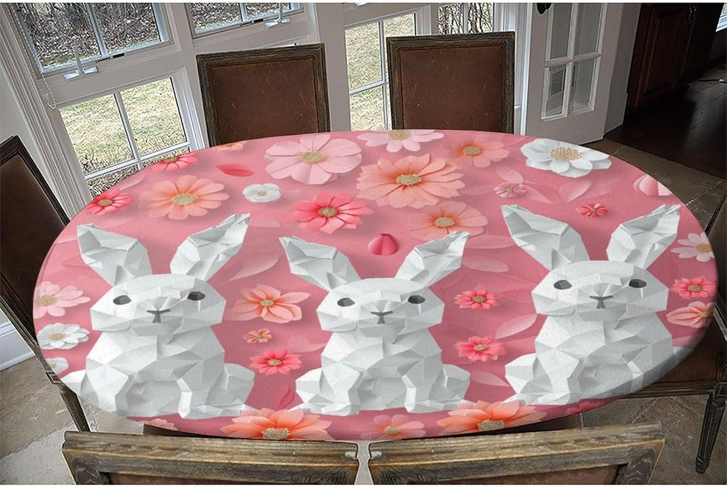 Rabbit and FlowerPink Print Oval Table Cloths Waterproof & Stain Resistant Elastic Large Oval Tablecloth Oval Table Cover for Dining/Party/Buffet/Wedding Fits for 52 x 70 Oval Table