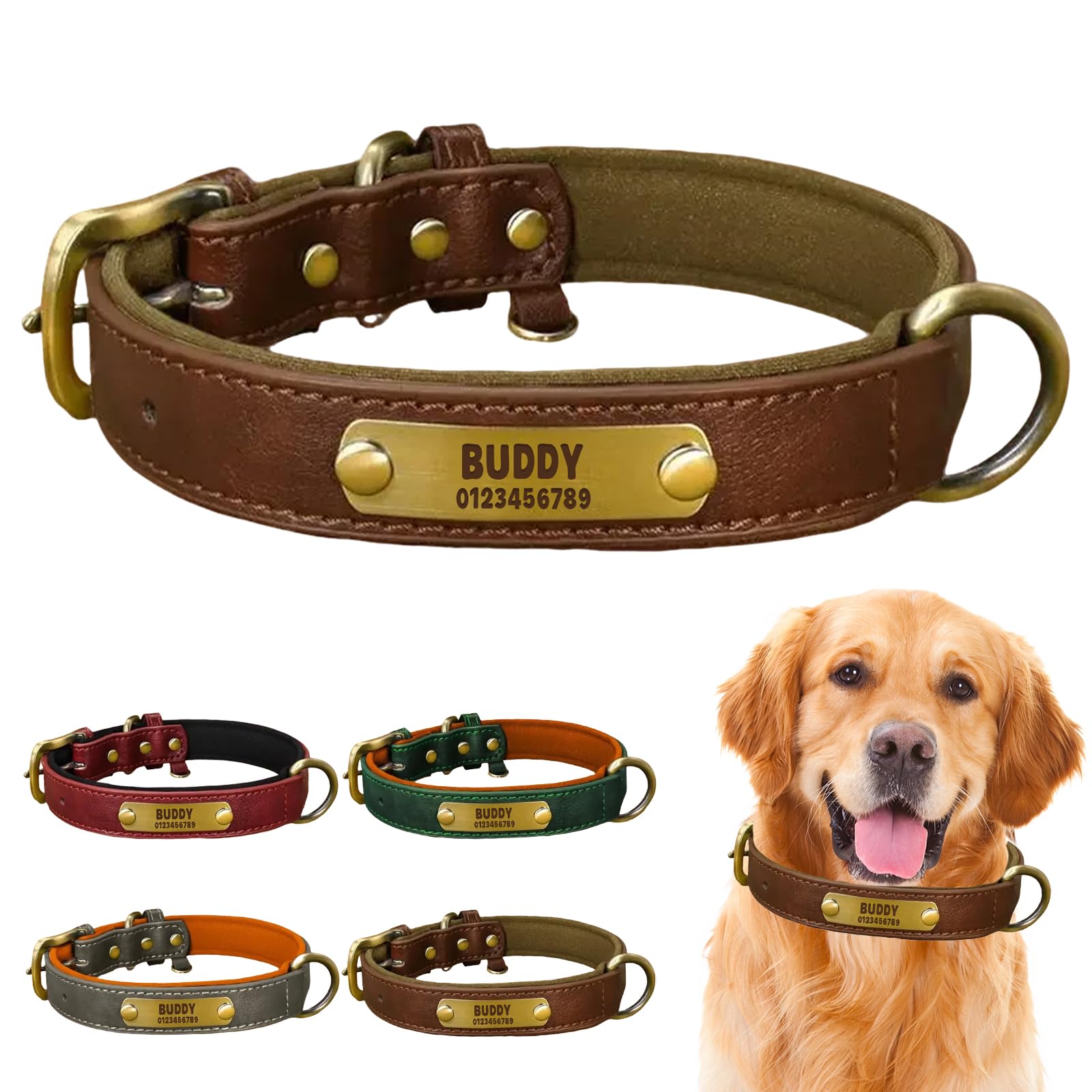 Personalised Dog Collar, Soft Padded and Heavy Duty with Engraved Name Plate, Adjustable for Small, Medium and Large Dogs (Brown, XL: Neck 47-59cm, Width 3.5cm)