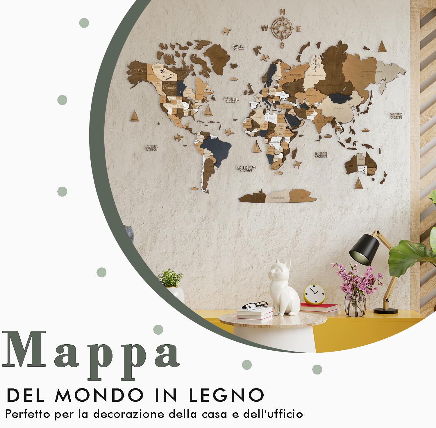WoodLeo Mappamondo in legno (in italiano) - Decorazione murale in 3D - Dimensioni della mappa (M, L, XL) Idea regalo per ogni occasione - Arte da parete per la casa