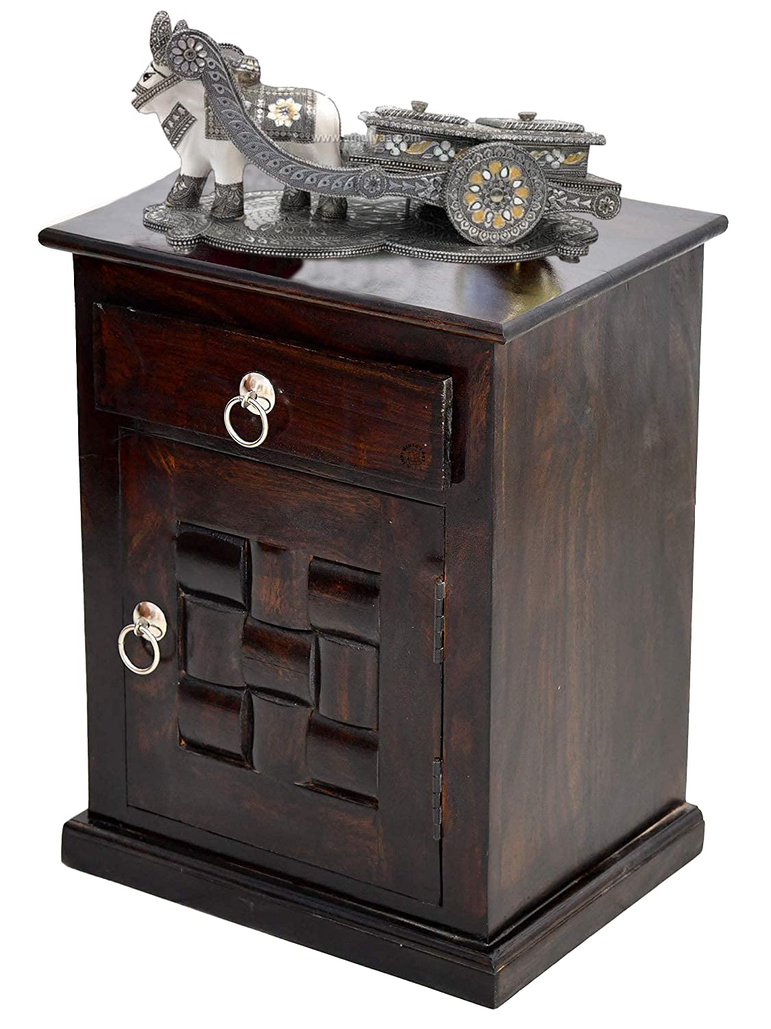 SHRI MINTU'S ART Sheesham Wood Bedside Table for Bedroom | Wooden Bed Side Nightstand Table | Night Stand Lamp Holder for Home | End Table for Living Room with Drawer & Door Storage | Walnut Finish