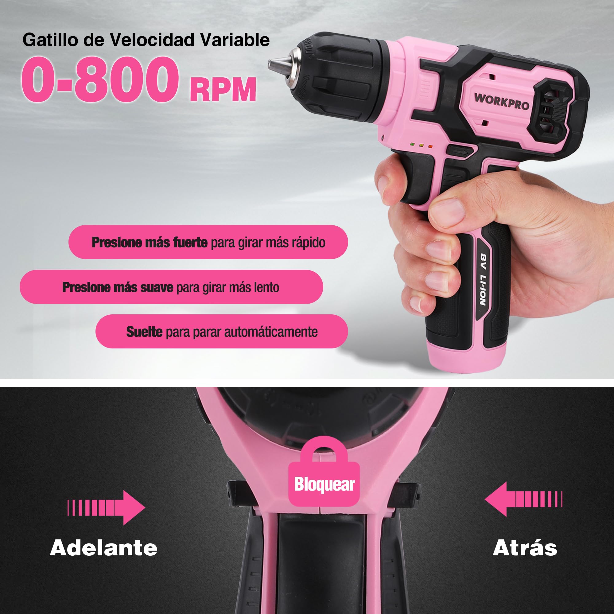 WORKPRO Atornillador Eléctrico 8V con 21 Accesorios, Rosa