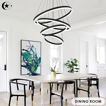 4-Rings Modern LED Chandelier Black Contemporary for Living Room, Dimmable Flush Mount High Ceiling Pendant Light with Remote Control for Staircase Dining Room(D23.6, 3000K-6500K)