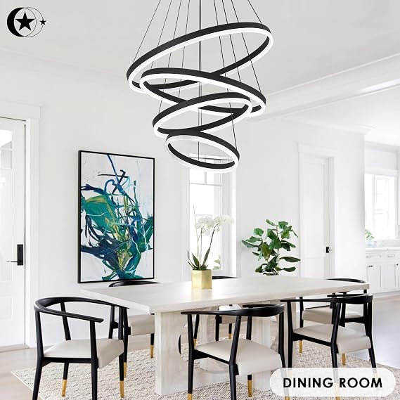 4-Rings Modern LED Chandelier Black Contemporary for Living Room, Dimmable Flush Mount High Ceiling Pendant Light with Remote Control for Staircase Dining Room(D23.6, 3000K-6500K)