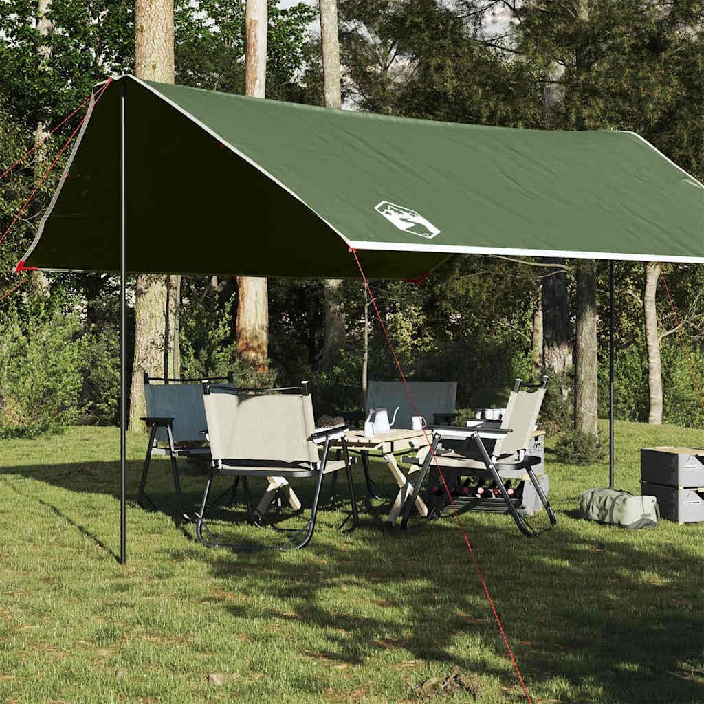 Tarp zielona plandeka 430 x 380 x wodoszczelna plandeka kempingowa z powłoką poliuretanową, lekki namiot outdoorowy na wędrówki, trekking, festiwal, z torbą do przenoszenia i stabilnymi