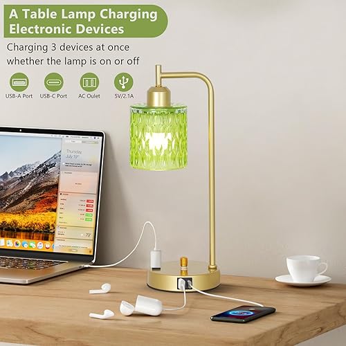 Miniatura 2 de Juego de 2 lámparas de mesa verdes con puerto USB y toma de corriente, lámpara de mesa de cristal para mesita de noche para dormitorio, lámparas de