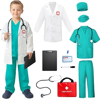 Doctor Costume for Kids with Realistic Stethoscope Doctor Kit Career Day and Halloween Kids Scrubs for Girls Costume