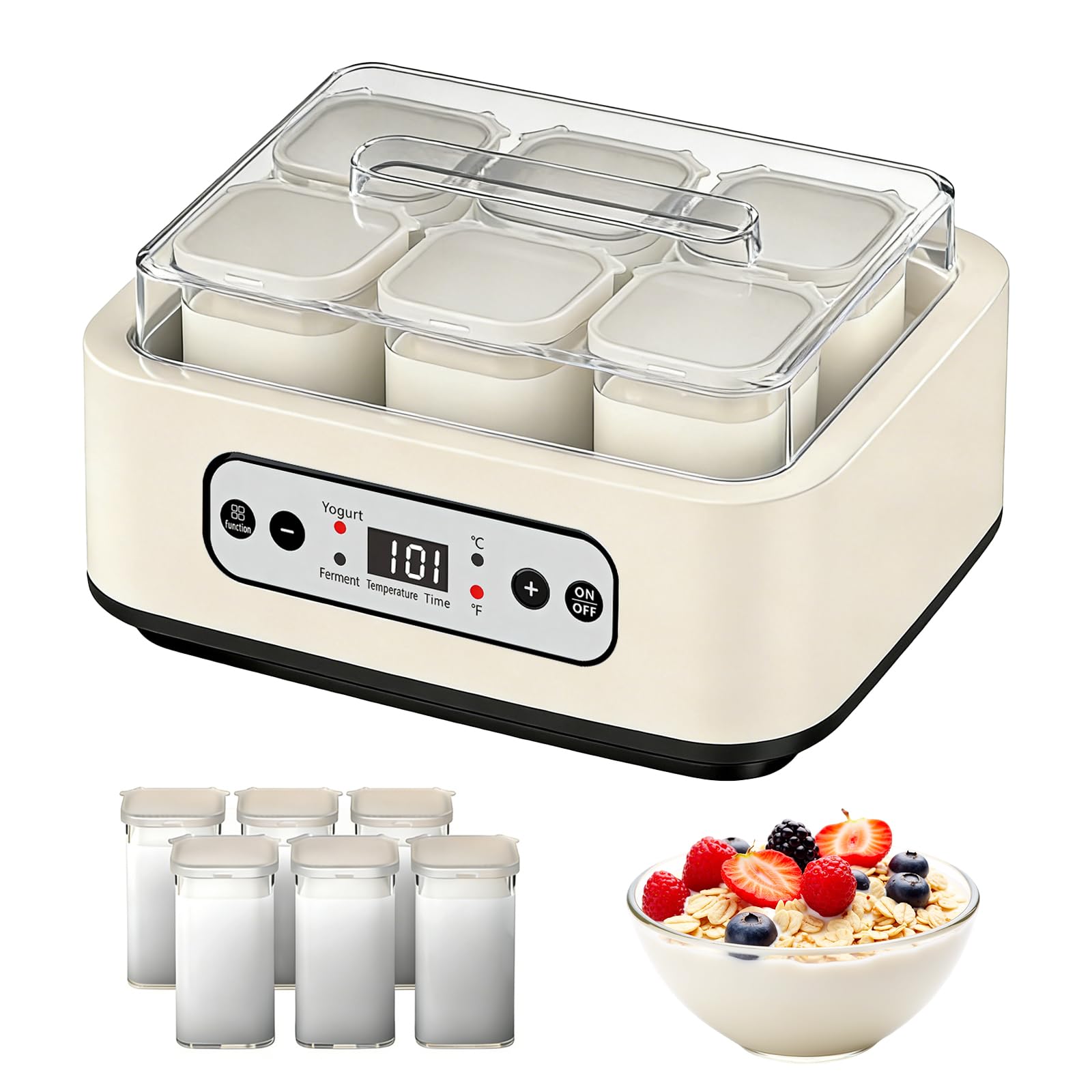 Yogurtiera, Macchina per Yogurt da 1,6L con 6 Vasetti da 250 ml Yogurtiera con Impostazione del Timer da 1 a 99 ore Controllo Della Temperatura da 21 a 48°C e LCD Display per Yogurt Natto Vino di Riso