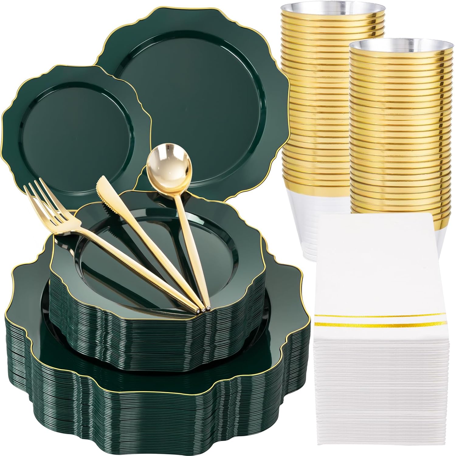 WDF 175Pcs Green Plastic Plates - Green Plates Disposable with Gold Rim - Christmas Plastic Plate - Fancy Disposable Dinnerware Sets 25 Guests Ideal for Party/Wedding/Birthday/St.Patrick's Day