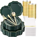 WDF 175Pcs Green Plastic Plates - Green Plates Disposable with Gold Rim - Christmas Plastic Plate - Fancy Disposable Dinnerware Sets 25 Guests Ideal for Christmas/Party/Wedding
