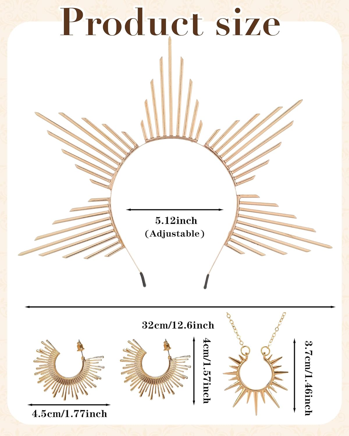 3 Pcs Goddess Costume Accessories Set, Renaissance Gold Sunburst Spiked Halo Crown with Earring Necklace, Renfaire Greek Goddess Headpiece for Women Cospaly Halloween Party - Image 7