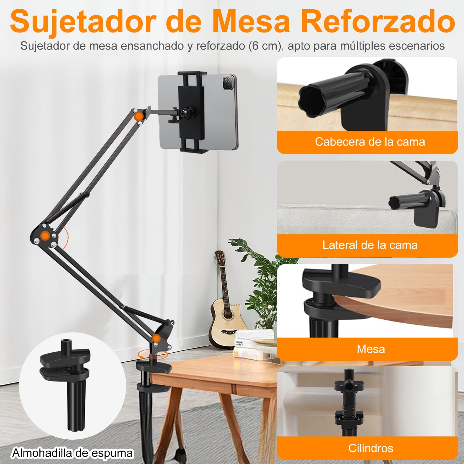 Soporte Tablet Cama, Soporte para Tablet Rotación de 360°, Apto para Teléfonos Móviles o Tabletas de 4,7 a 13 Pulgadas, Apto para Sujetar Superficies Planas con un Grosor Máximo de 6,5 cm