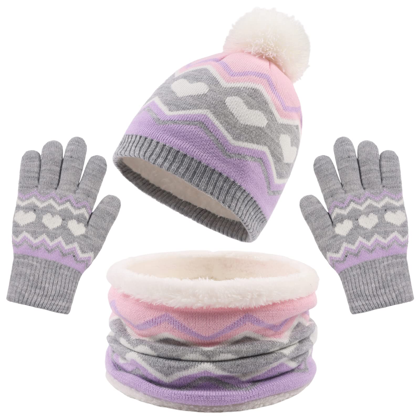 PESAAT Winter Kids Hat Scarf Glove Set Knit Girls Beanie Mittens 3-8 Years