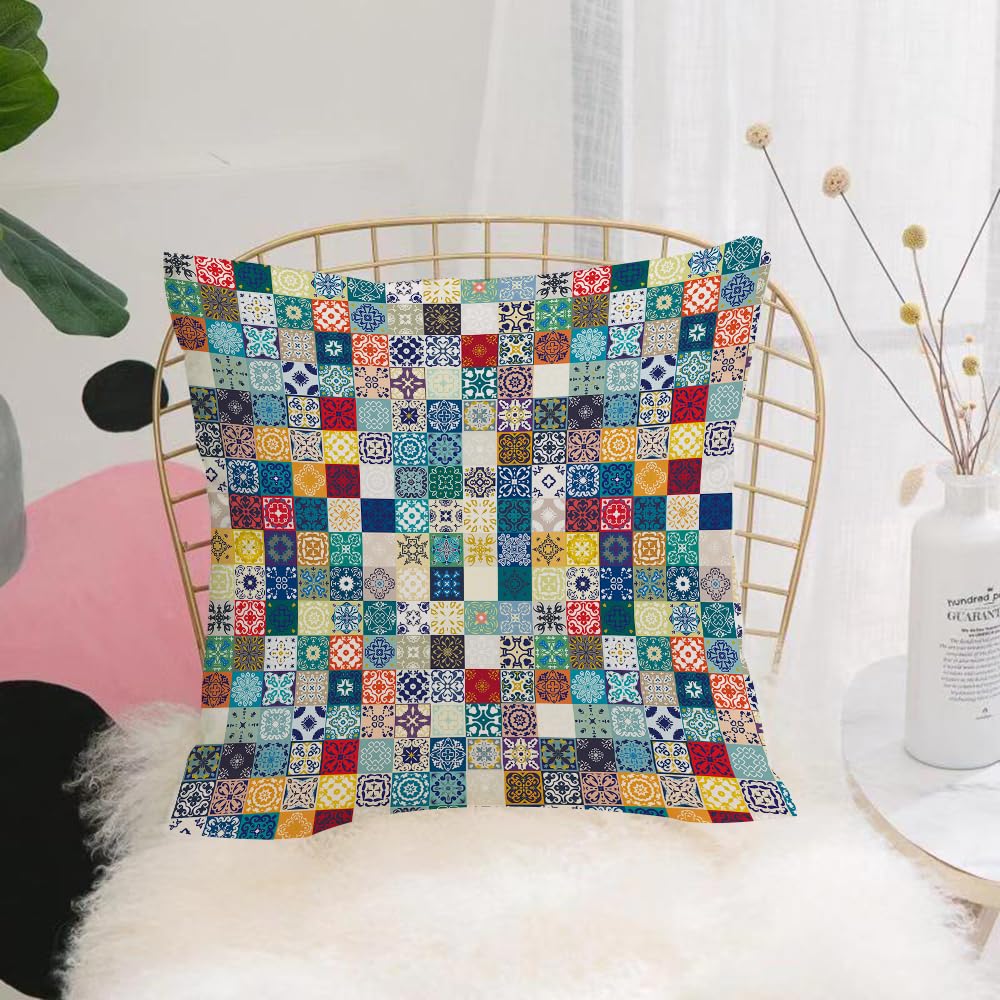 HYOSXW Cushion Cover,Throw Pillow Case Home Decorative for Living Room Bedroom Sofa Chair 16X16 Inch,Moroccan, oriental pattern with patchwork ornament tiles in grid style. Asian,Pillowcase 40X40cm