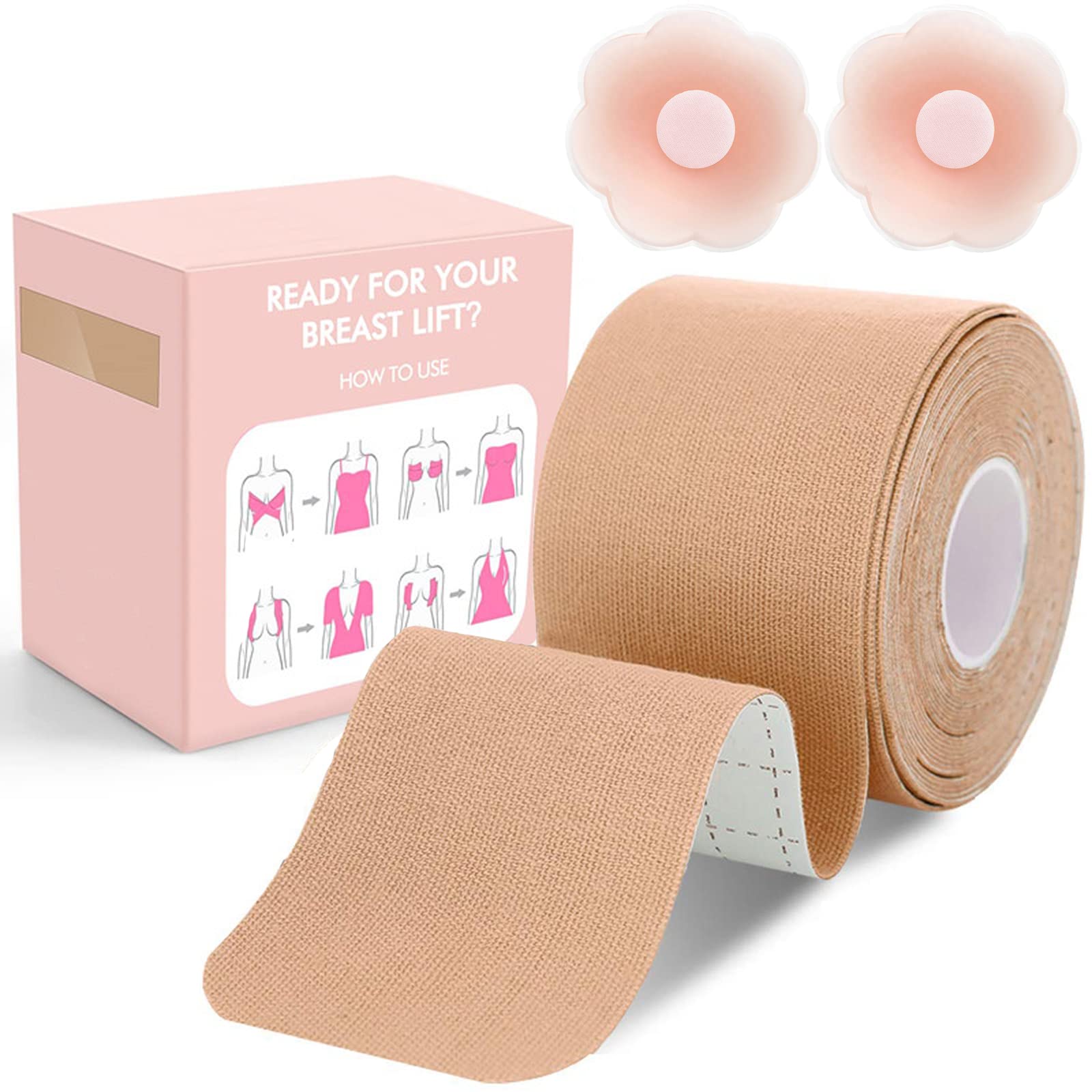 Breast Lift Tape and Nipple Covers Concealer Breast, Adhesive Lift up Bra Tape with Round and Petals Reusable Silicone Nipple Covers for Women Beige FAVDQ