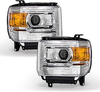 Headlights Assembly Fit for 2014-2018 GMC Sierra 1500 Base/Denali/SLE/SLT/2015-2019 GMC Sierra 2500HD/3500HD Base/Denali/SLE/SLT Chrome Housing Amber Reflector Replacement Driver & Passenger Side